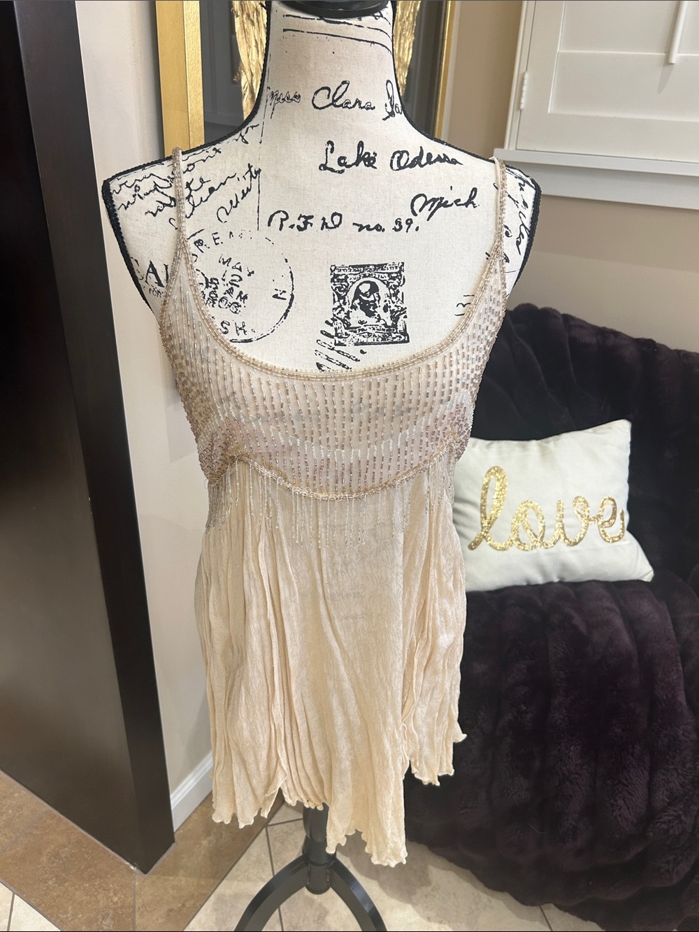 Free People Champagne Beaded Spaghetti-Strap Camisole Dress